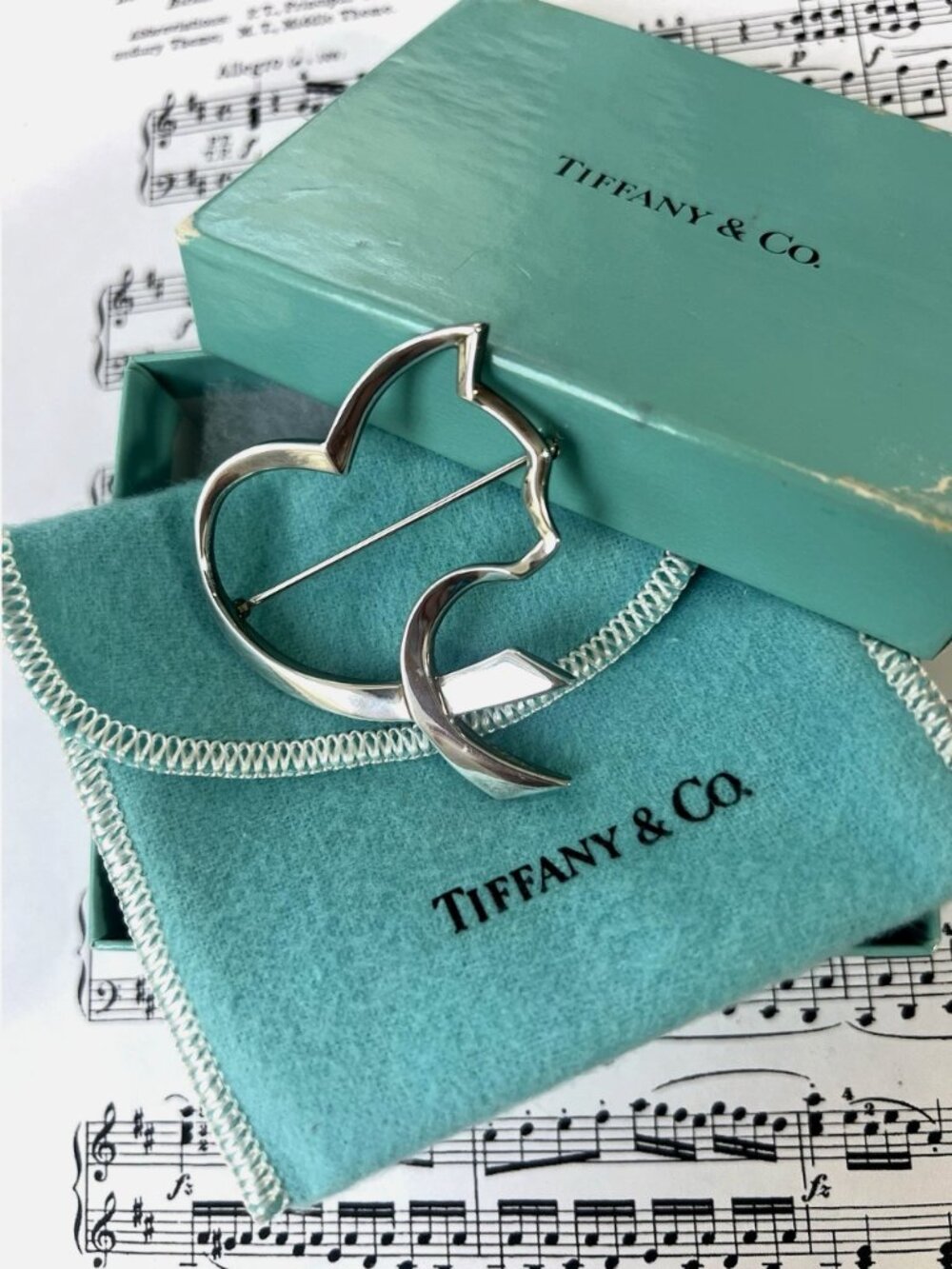 Rare-Retire-Tiffany&Co Paloma Picasso Cat Heart Brooch Silver 925 W/Box & Pouch
